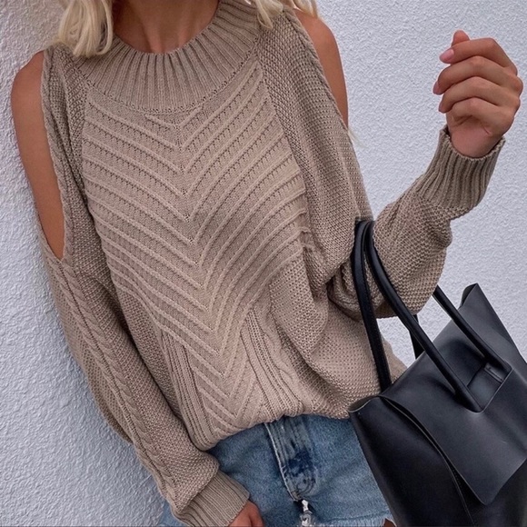 Dune Taupe Cable Knit Open Shoulder Boho Sweater Top In The Relaxed Fit - Picture 6 of 6